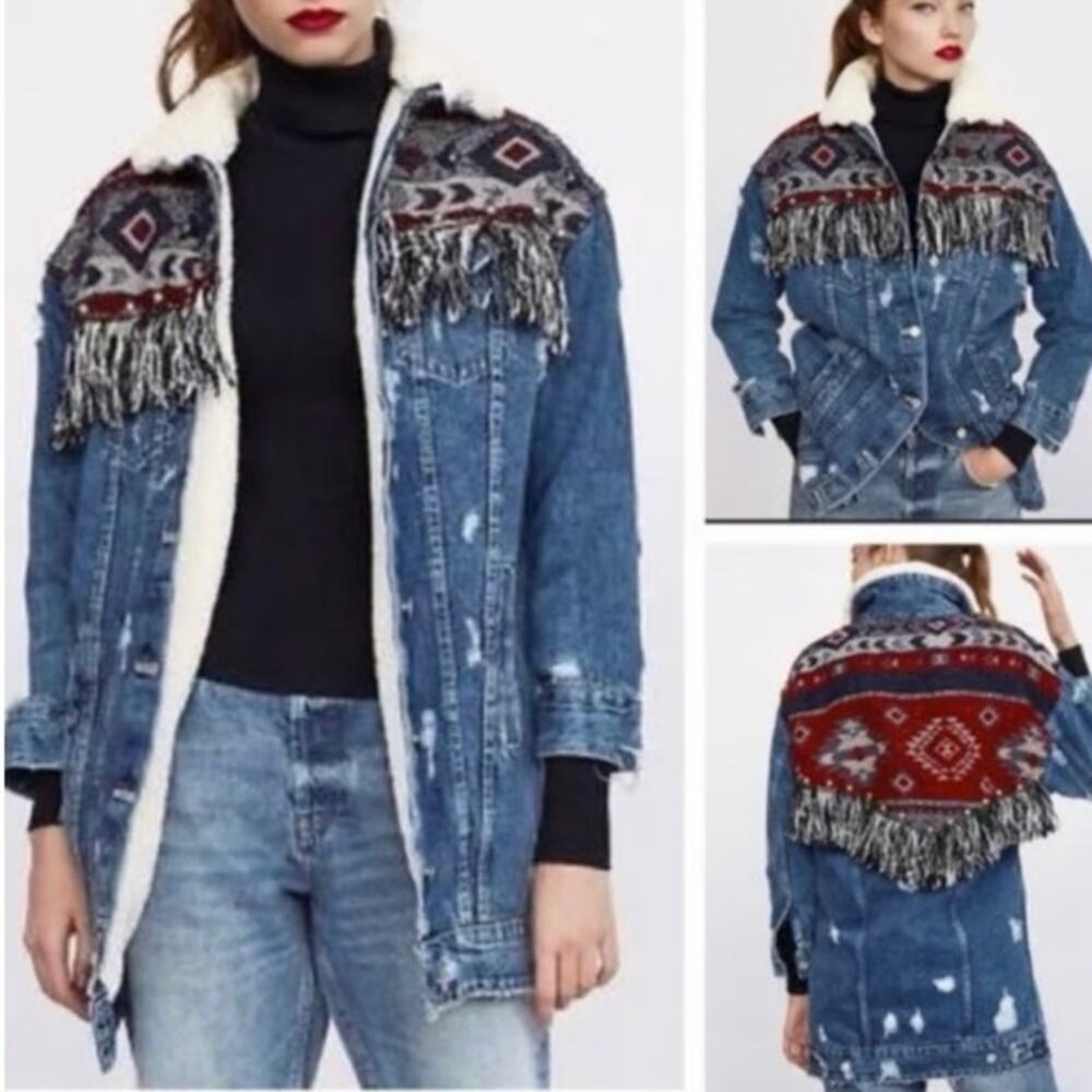 Zara trafaluc Aztec Fleece Lined Long Denim Jacket Small Western Fringe Tribal